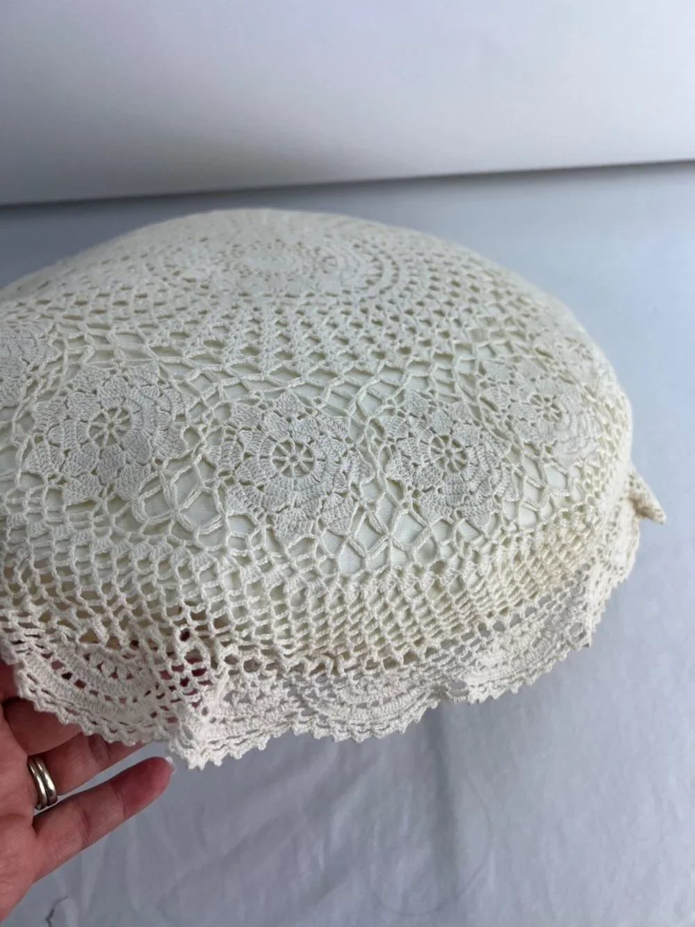 VTG Round Crochet Lace Accent Pillow Cream 14
